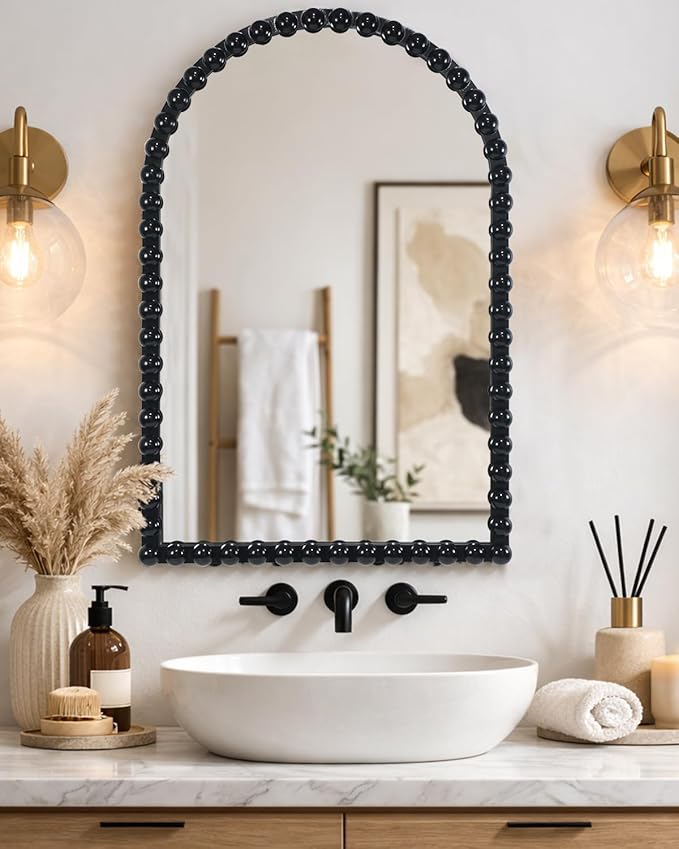 Black Beaded Arched Wall Mirror 24x36 Inch, Vintage Decorative Arch Mirror with Beaded Frame, Accent Mirror for Entryway, Bathroom, Living Room, Bedroom, Fireplace