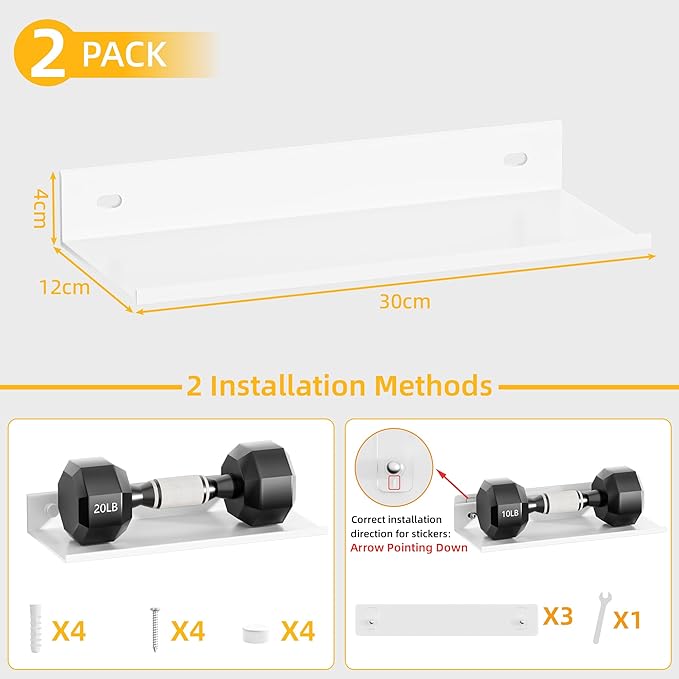 Wisfame Adhesive Wall Shelf 2 Pack, Modern Floating Shelves for Wall 11.8Inch, Metal Wall Mounted Display Ledge Shelf for Living Room, Bedroom, Bathroom