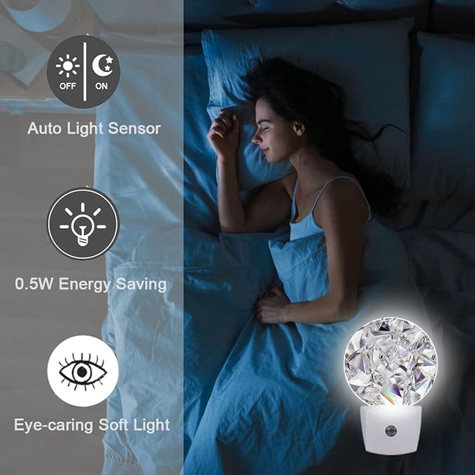 Diamond Sparkle Night Light Plug Into Wall Auto Led Sleep Round Lamp for Living Room Hallway Stairs