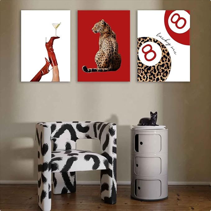 3Pcs Trendy Leopard Wall Art Preppy Funky Red Boot Martini 8 Ball Wall Decor Pictures Vintage Feminism Aesthetic Cheetah Canvas Poster Prints for Girly Bedroom Apartment Dorm Decoration 12X16