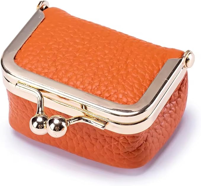 Genuine Leather Mini Jewelry Box for Women, Square Coin Purse with Kiss Lock, Jewelry Organizer Travel Case (Medium, Orange)