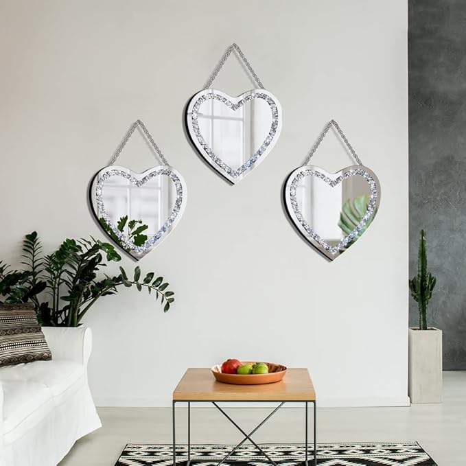 DMDFIRST Crystal Crush Diamond Heart Shaped Silver Mirror with Silver Stainless Steel Chain for Wall Decoration 12x12x0.5 inch Frameless Glam Mirror
