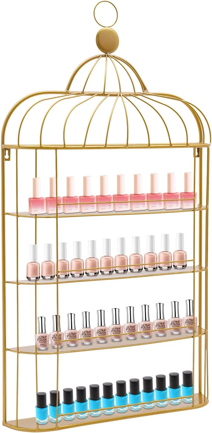 4-Tier Nail Polish Wall Racks 20 * 37 Inch Hold Up to 200 Bottles Birdcage Iron Nail Polish Shelf Organizer Wall Mounted 4 Rows (Gold)