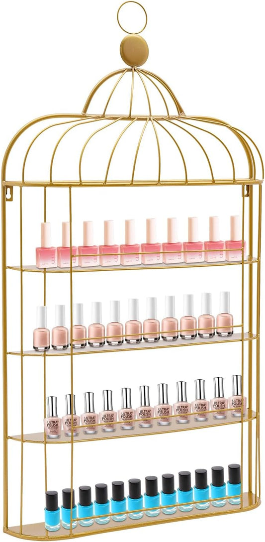 4-Tier Nail Polish Wall Racks 20 * 37 Inch Hold Up to 200 Bottles Birdcage Iron Nail Polish Shelf Organizer Wall Mounted 4 Rows (Gold)