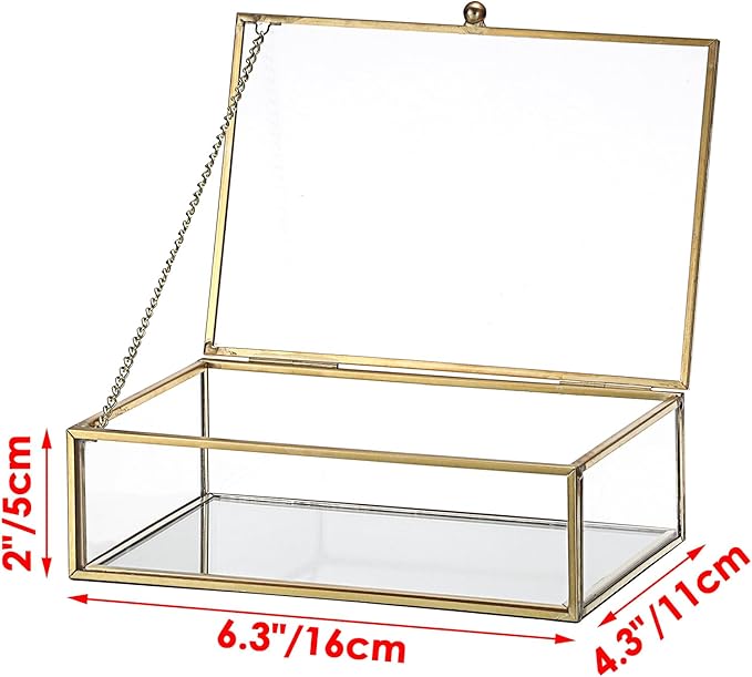 Glass Vatage Glass Box Gold Mirror Jewelry Box Lidded Keepsake Boxes Trinket Case for Ring Earring Storage Decorative Jewelry Organizer for Dresser Bathroom Office, 6.3x 4.3x 2 Inch
