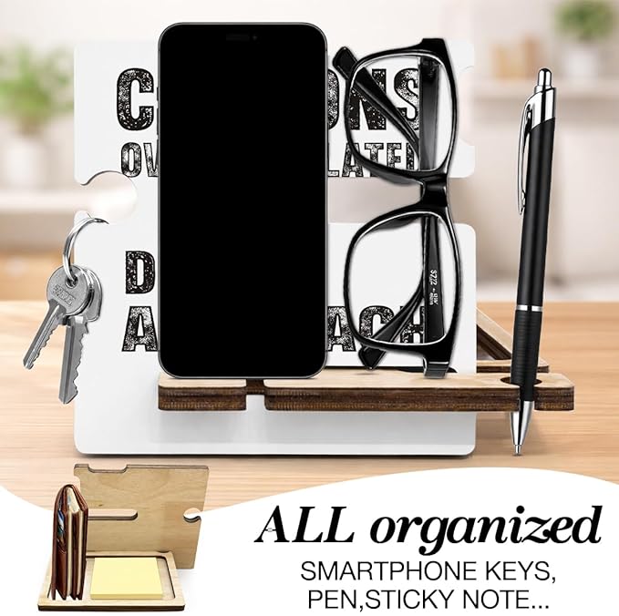 Funny Office Gifts for Coworkers Teammates Employees Boss - Multi-functional Desk Organizer - Humorous Office Quote Wooden Caution Overstimulated Sign for Office Desk Shelf Decor