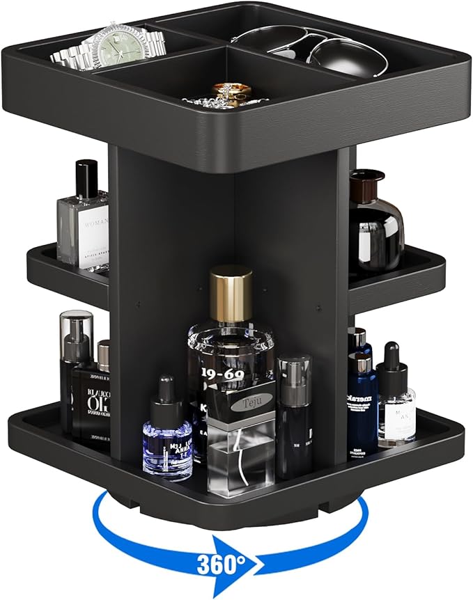 3-Tier Rotating Cologne Organizer for Men, Large-Capacity Wooden Perfume Display Stand for Desk & Nightstand, Rounded Corner Design, Birthday Gift for Men (Black)