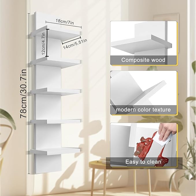 YEXEXINM 5 Tier Wall Shelf Unit White Vertical Column Shelf Floating Storage Home Decor Organizer Narrow Smooth Laminate Finish Utility Shelving Tall Tower Design for Living Room Bedroom Kitchen