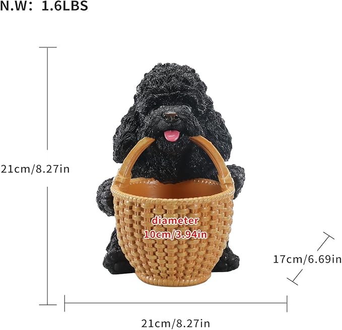 Dog Resin Storage Basket, Desktop Organizer for Remote & Keys, Cute Home Decor Tray, Ideal present for Pet Lovers.(Black Poodle Biting Basket)
