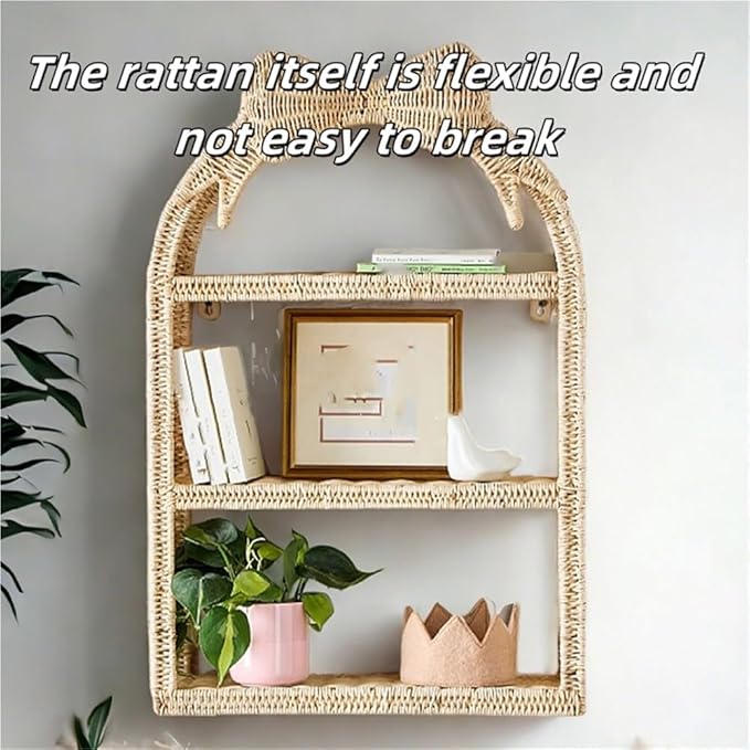 Rattan Wall Hanging Storage Basket, Boho Wall Decor and Woven Wall Shelf, Decorative Rattan Floating Shelves for Bohemian Style House, Cute Wall Art Above Couch or Bed