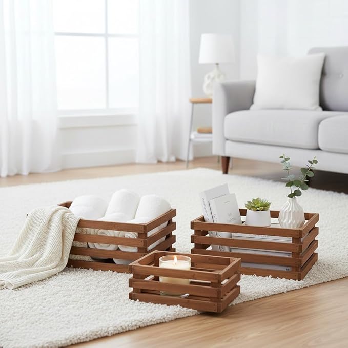 Set of 3 Nesting Wooden Storage Crates - Large Rustic Wooden Storage Crates for Display Brown Wood Container Boxes Wood Baskets for Farmhouse Flower Stand Display Rack for Shops Exhibitions Home Decor