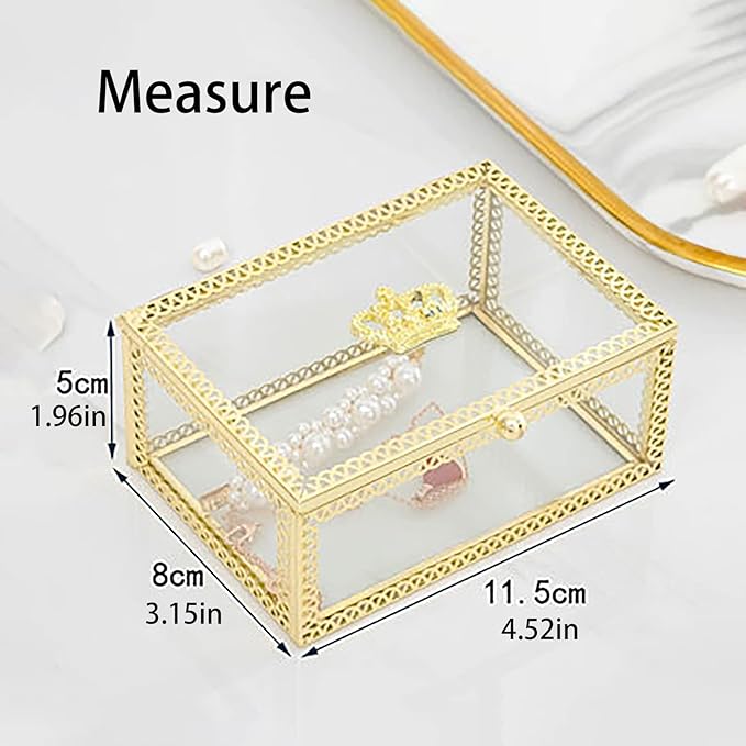 NAJMECHOY Glass Jewelry Box, Mirror Bottom with Crown Lid, Box for Makeup, Lipstick Ring Earrings, Storage Box, Gold Glass Box Ring, Bracelet Display Transparent Box (Rectangle)