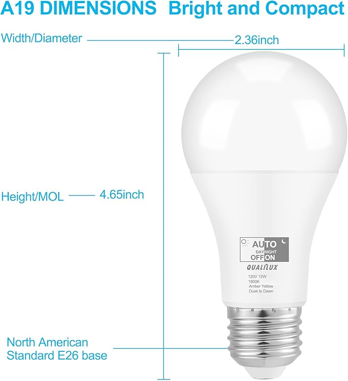Qualilux Dusk to Dawn Light Bulbs, Auto On/Off Light Sensing LED Bulbs Outdoor, Amber Yellow Bug Light, A19 4-Pack, 12W 800LM 60W Equivalent, HQ-H020