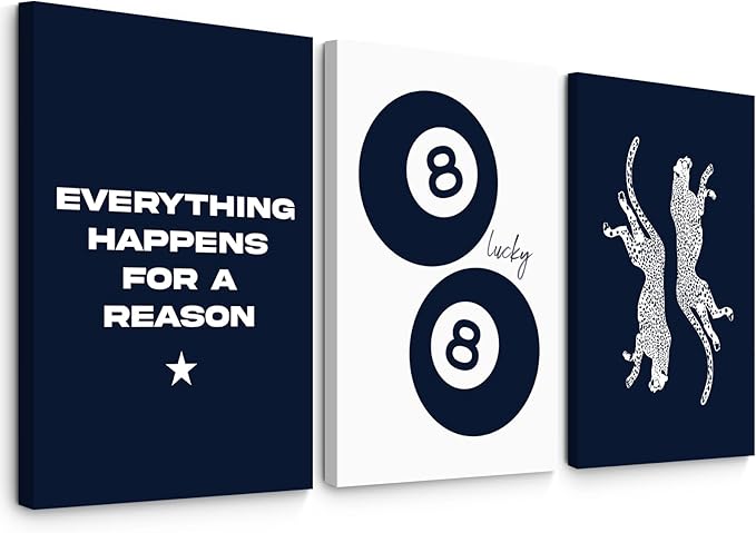 Navy Blue Leopard Wall Art Decor Cheetah Print Room Poster Trendy Preppy Canvas Wall Art Funky Aesthetic Room Decor 8 Ball Lucky Poster Y2k Stylish Artwork for Bedroom 12x16x3 Inch Wrapped Canvas