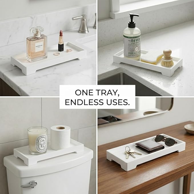 Countertop Vanity Tray - Silicone Bathroom Sink Organizer & Kitchen Soap Tray, Footed Anti-Slip Design, Waterproof Caddy for Perfume, Jewelry, Makeup, Bottle, Oil, Sponge Holder, White (L10 x W 4.2")