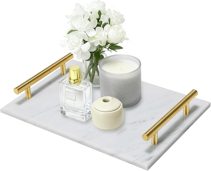 MAOPINER Marble Stone Decorative Perfume Tray with Copper Color Metal Handles, Handmade Jewellery Catchall Trinket Tray for Counter, Vanity, Dresser, Nightstand and Desk (White)