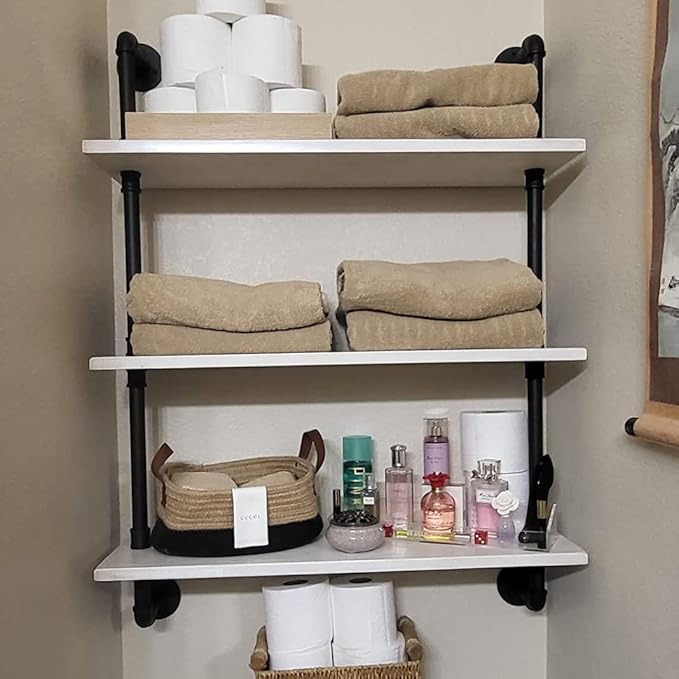 HDDFER Industrial Pipe Shelving Rustic White Pipe Wall Shelves Bathroom Shelves with Wood Planks Industrial Floating Shelves 30 Inch Farmhouse Bookshelf Pipe Shelves Wall Mounted