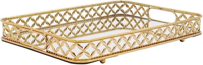 14.9 Inch Round Gold Mirrored Vanity Tray,Metal Mirror Decorative Jewelry Storage Tray,Perfume Makeup Organizer Trays for Dresser Bathroom Counter Home Decor (Rectangular)