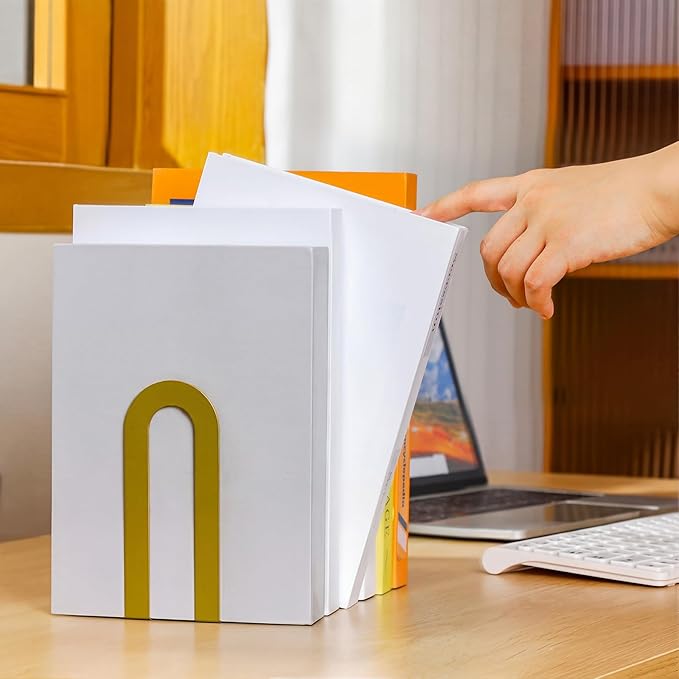 Chunful 2 Pcs Modern Metal Book Ends for Shelves Decorative Small Bookends Book Shelf Organizer Minimalist Design Stopper to Hold Books for Home Office (Gold,5.5 * 3.75 * 2.25inch)