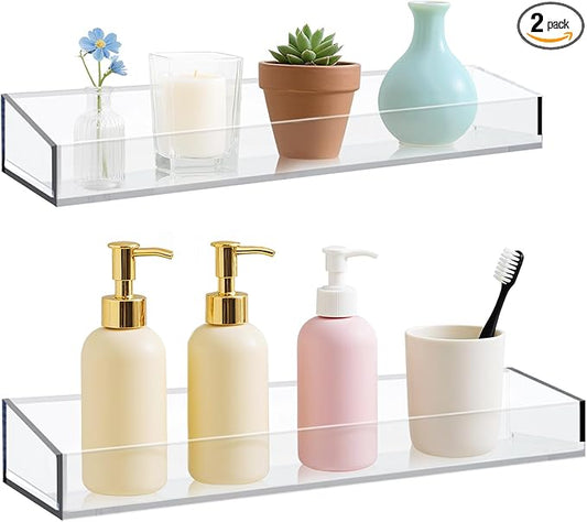 Acrylic Bathroom Shelves Set of 2,15" Thick Wall Mounted Floating Shelves -Transparent Shower Organizer Storage and Display Shelving Clear Adhesive Wall Rack for Bedroom,Kitchen,Ofiice,Living Room