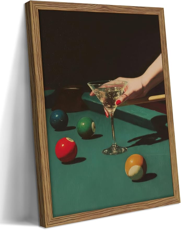 Vintage Cocktail Wall Art, Funky Martini Glass Billiards Canvas Wall Decor Painting, Trendy Y2k Aesthetic Bar Artwork Prints Pictures for Living Room Home Bar Lounge 16x24 Inch Wood Framed