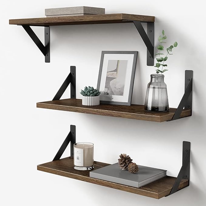 Forbena Rustic Floating Shelves Wall Mounted Set of 3, 17 Inch Natural Wood Wall Shelves, Decor Storage Shelf for Bedroom Bathroom Living Room Office Pictures Plants Books Cats TV (Rustic Brown)