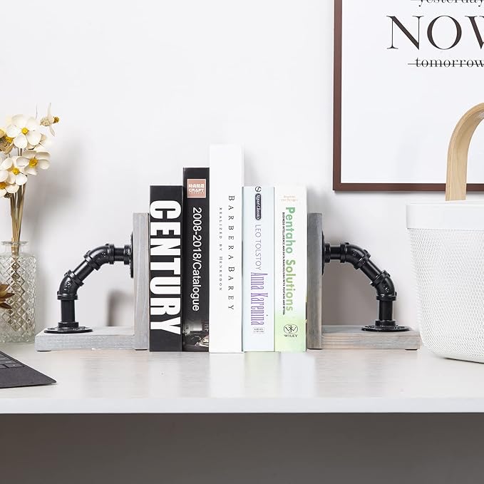 Rustic Decorative Wooden Tabletop Farmhouse Bookends for Heavy Books with Modern Industrial-Style Pipe Office Desktop Bookshelf Organizers Holder Nonskid Shelf Decor for Home Office 1-Pair (Grey)