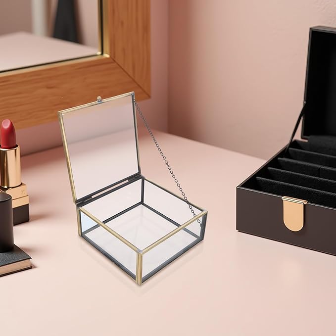 Totority Vintage Glass Jewelry Box with Alloy Frame, Retro Trinket Organizer for Perfume and Makeup Storage, Dustproof Display Case for Home Vanity and Desktop