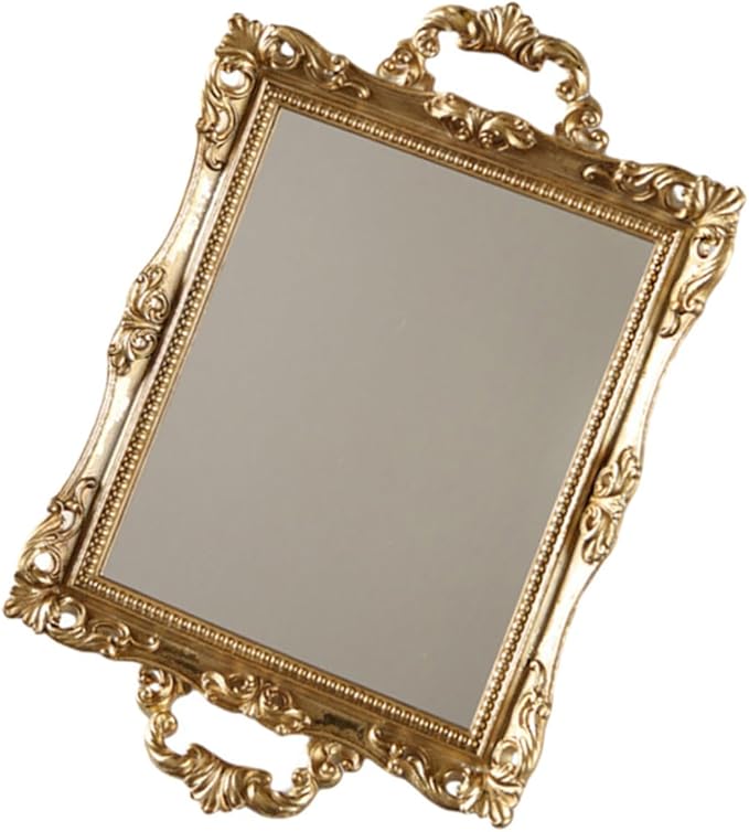Totority Vintage Nordic Style Golden Mirror Tray Resin Decorative Storage Plate for Wedding Dessert Table and Makeup Organizer