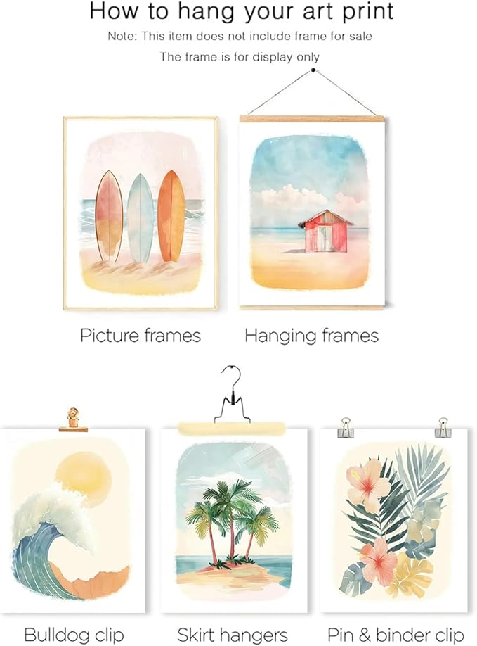 Beach Nursery Poster, Set of 6 Ocean Kids Wall Art Watercolor Summer Surf Wall Decor Beachy Boys Room Decor Funny Teen Coastal Surfboard Canvas Prints Aesthetic Unframed 12x16 inch