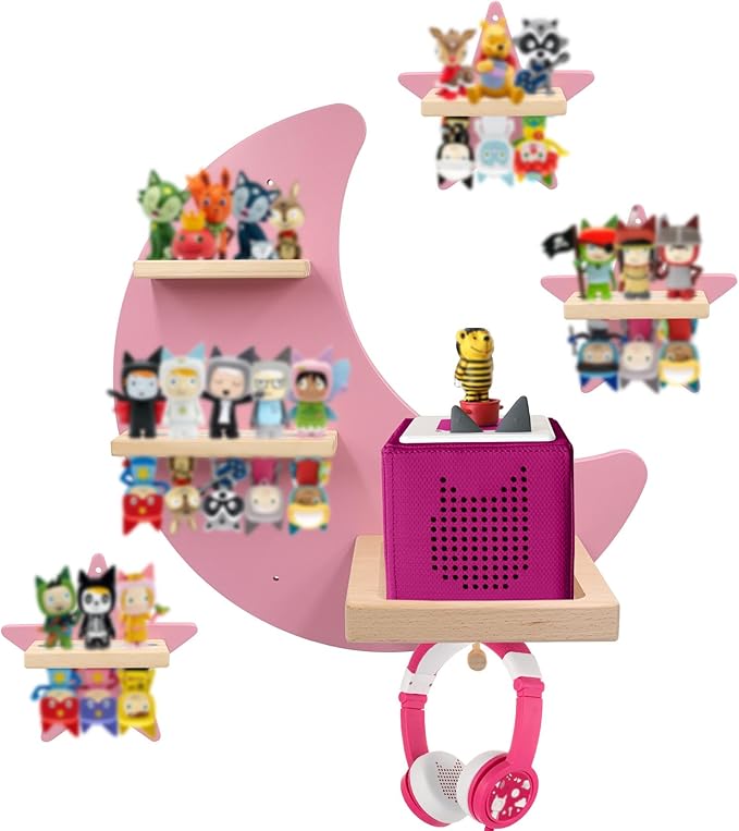 Taladad for Toniebox 2 and Toniebox 1 Tonie Shelf Wall Mounted Set of 4 (Moon and 3 Stars),Tonies Figures Tonies Storage,Magnetic Wooden Floating Shelves Compatible with Tonie Box Player Character