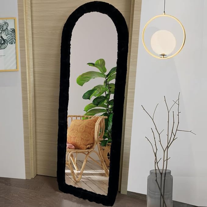 Fluffy Mirror Cover - 59"x16" Full Length Ultra Soft Non-Slip Cover Universal Stretch Cover Warm Home Decor for Bedroom Cloakroom (Black-Without Mirror)