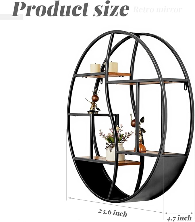 Round Wall Shelf,24 inch Metal Circle Shelf Wood Floating Shelves,Rustic Black Wall Mounted Display Organizer Shelf for Fireplace,Living Room,Bathroom