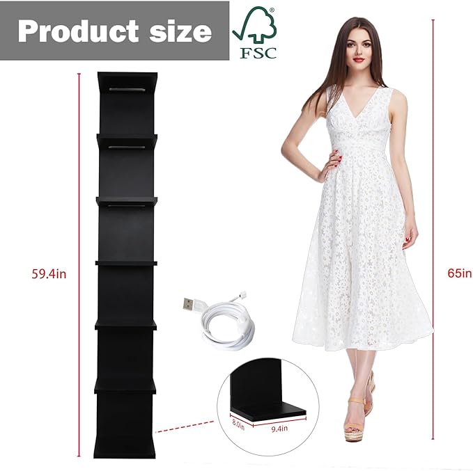 VIWODS 7-Tier Wall Shelf with 10 RGB Lighting Modes, Multifunctional Wall Mounted Vertical Display Floating Shelf for Bedroom Living Room Vanity, Black