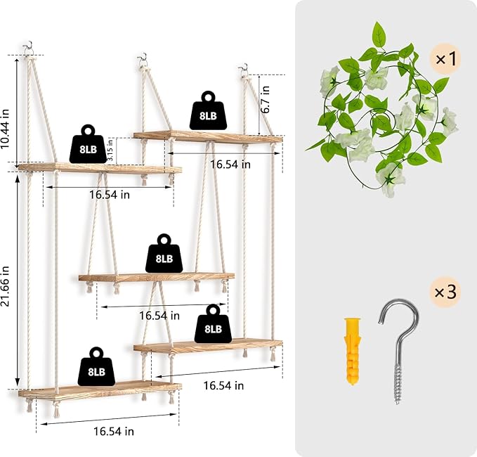 Hanging Shelves for Wall,Macrame Hanging Plant Shelf with Vine Lights 5 Tier Rope Floating Shelf Wood Organizer Storage Rack Boho Wall Decor Aesthetic for Succulents Bedroom Bathroom Kitchen