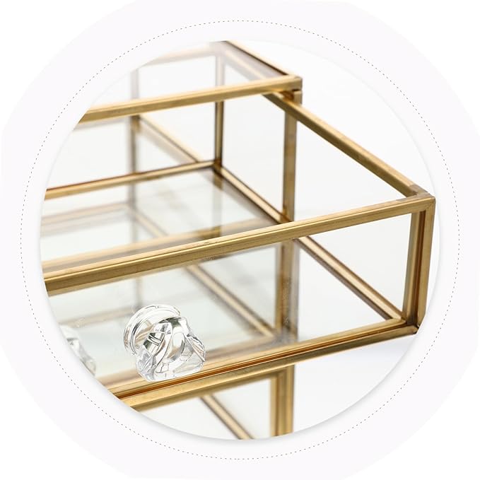 Uonlytech Transparent Glass Jewelry Storage Box with Alloy Frame Large Capacity Desktop Organizer for Cosmetics Lipstick Nail Polish Multipurpose Makeup and Accessories Holder for Home and
