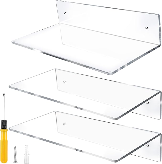 Jansburg 12 Inch L-Shaped Acrylic Floating Shelf Clear Wall Mounted Shelves Invisible 5MM Thick Shelf for Wall Storage Clear Shelves for Makeup Photo Picture Book Record Display 3 Pack