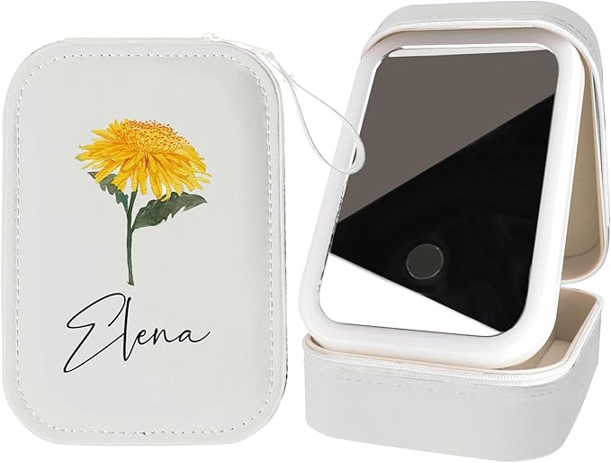 Personalized Birth Flower Travel Jewelry Box with Mirror Custom Name Travel Makeup Case with Led Mirror Small Travel Jewelry Case Organizer with Light Up Mirror for Women Mom