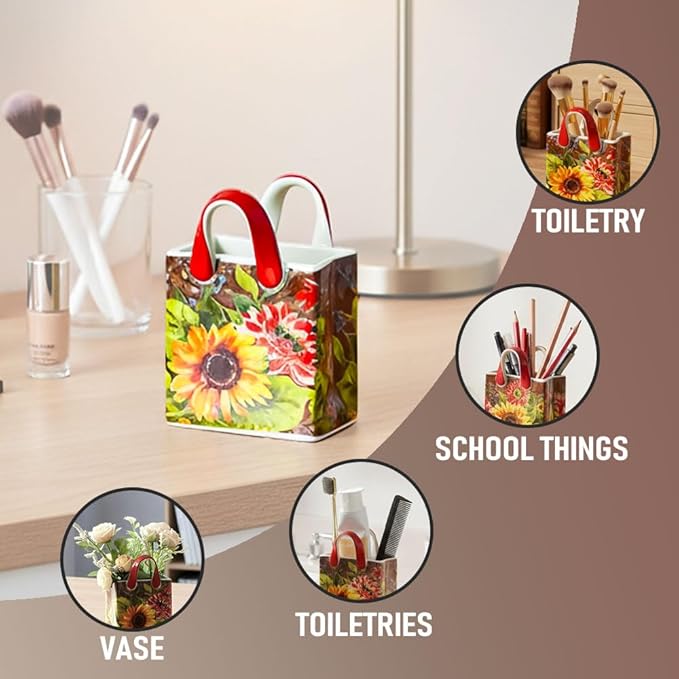 Handbag-Shaped Ceramic Desk Organizer & Small Flower Vase, Sunflower Floral Pattern, Pencil Pen Holder, Makeup Brush Holder for Vanity, Cute Office Desk Decor, 4.7 in Tall