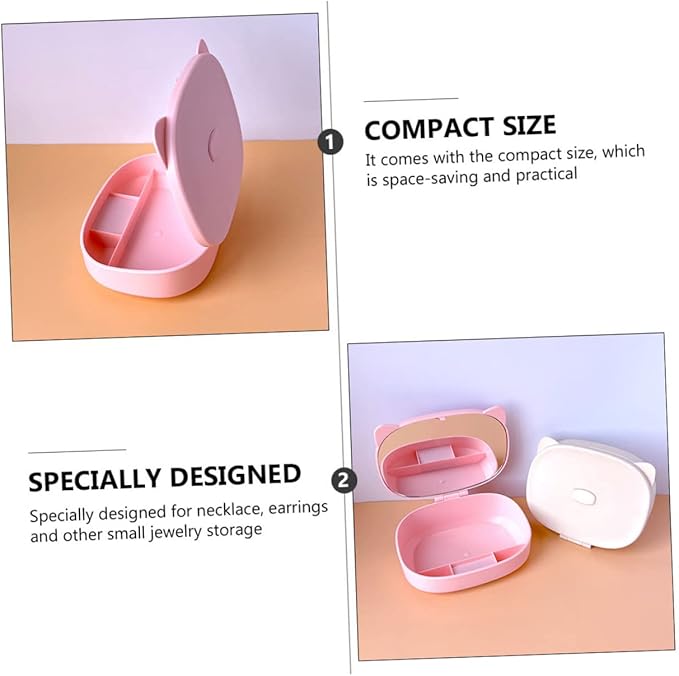 FOMIYES Cartoon Cat Ear Jewelry Storage Box with Mirror Cute DIY Dressing Case for Boys and Girls Portable Makeup Organizer for Necklaces Earrings and Rings