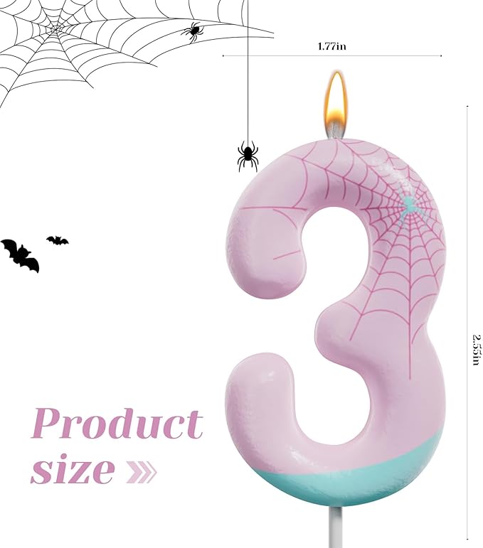Pink Spider Birthday Number Candles – Multi-Color Decorative Cake Toppers for Kids Party & Celebration (Pink, 3)