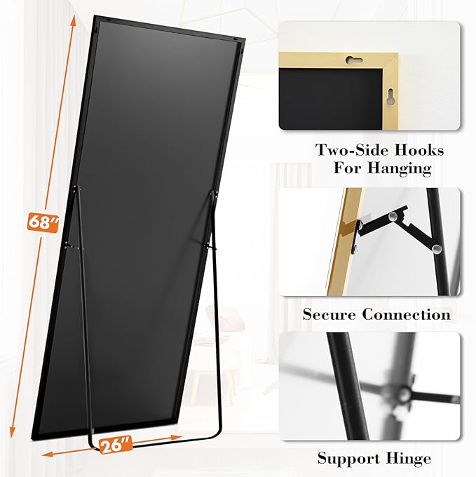 OLIXIS Gold Full Length Mirror 60"x16" for Bedroom, Full Body Mirror with Stand, Hanging or Leaning for Wall, Aluminum Alloy Thin Frame Floor Standing for Living Room, Long