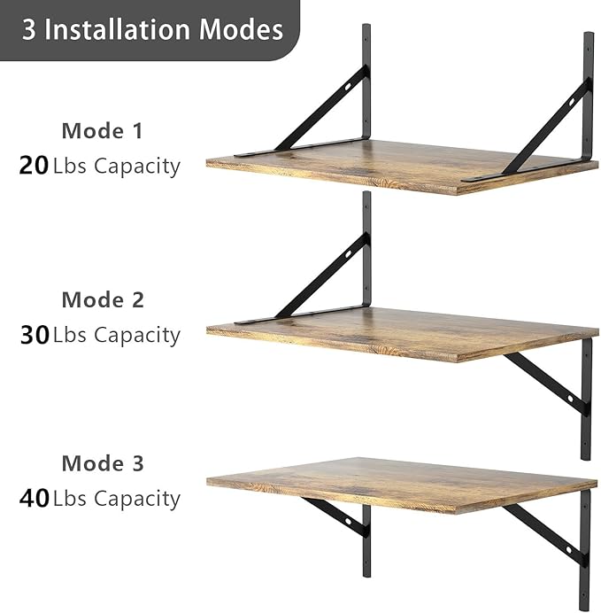 Deep Floating Wall Shelves - 4 Sets of 12 Inch Wide Rustic Brown Wood Shelves for Bathroom, Bedroom, Kitchen, Living Room
