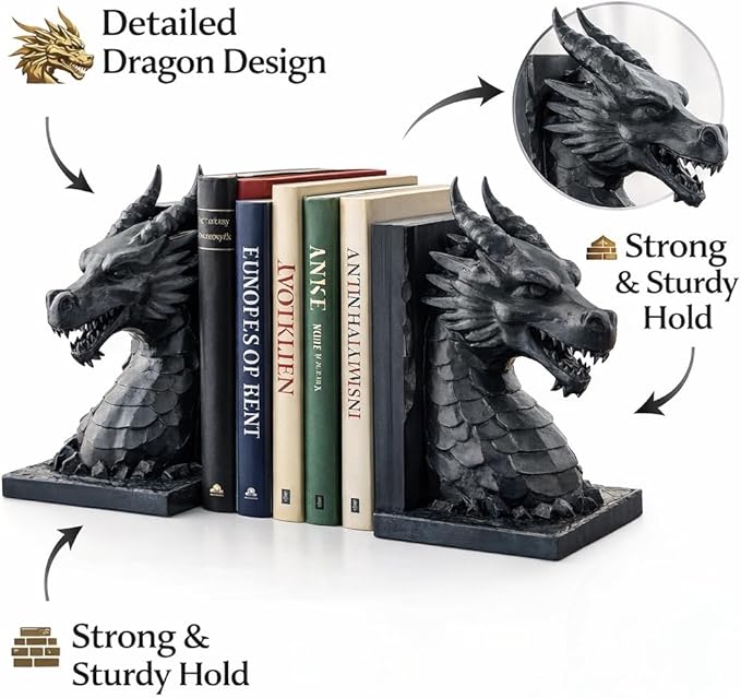 Dragon Bookends Set of 2 - Light Weight - Fantasy Dragon Book Ends for Shelves, Gothic Dragon Bookshelf Decor, Decorative Bookends for Home Office, Book Organizer for Fantasy Lovers