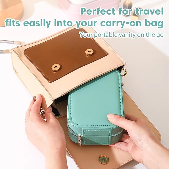 Portable LED Makeup Bag with Adjustable Light-Up Mirror - Three-Color Lighting | Dust-Proof Cosmetic Case with Multi-Compartment Storage and Jewelry Organizer (Green)