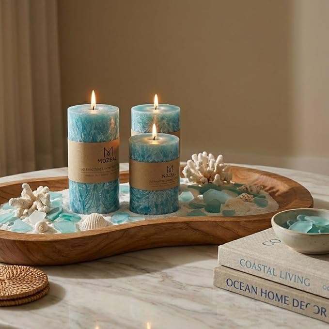 MOZEAL Hand-Poured, Unscented Turquoise Crystal Pillar Decorative Candles, Elegant Set of 3 in Different Sizes (3"x4", 3"x5", 3"x6"), Luxurious Décor for Spring Homes & Events