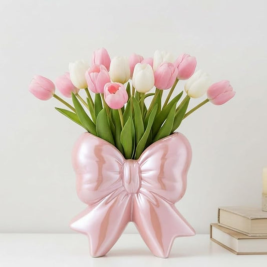 Jingmore Iridescent Pink Bow Vase Coquette Ceramic Vase Pen Holder Makeup Brush Holder Contemporary Design Women Decorative Gift for Wedding Home Office Shelf Table Room(Small, Classic)