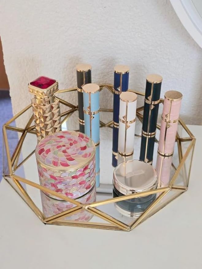 Feyarl Gold Glass Perfume Tray Mirror Vanity Jewelry Trinket Organizer Tray Ornate Cosmetic Makeup Display Decorative Coffee Table Tray for Wedding Home Decor Dresser Tabletop Countertop (9.5inch)