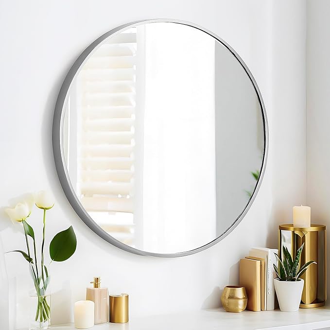 SCWF-GZ 24" Round Mirror Circle Wall Mounted Hanging or Against Wall Aluminum Alloy Metal Frame Dressing Make-up Mirrors for Entryway Bedroom Bathroom Living Room 24 inch Silver