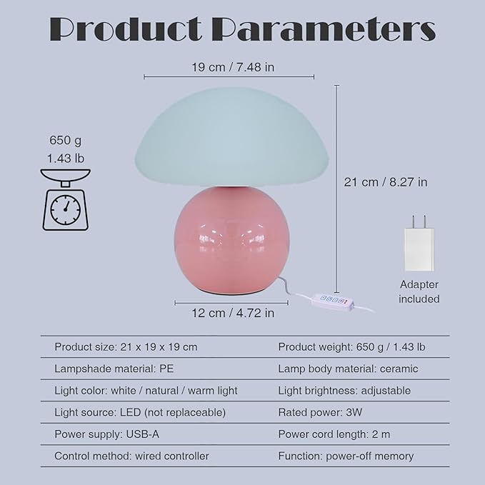Cute Small Mushroom Lamp, PE Lampshade, Ceramic Base, Adjustable Light Color and Brightness with Power-Off Memory, Safe USB Powered, LED Mushroom Light for Bedroom Living Room (Pink)